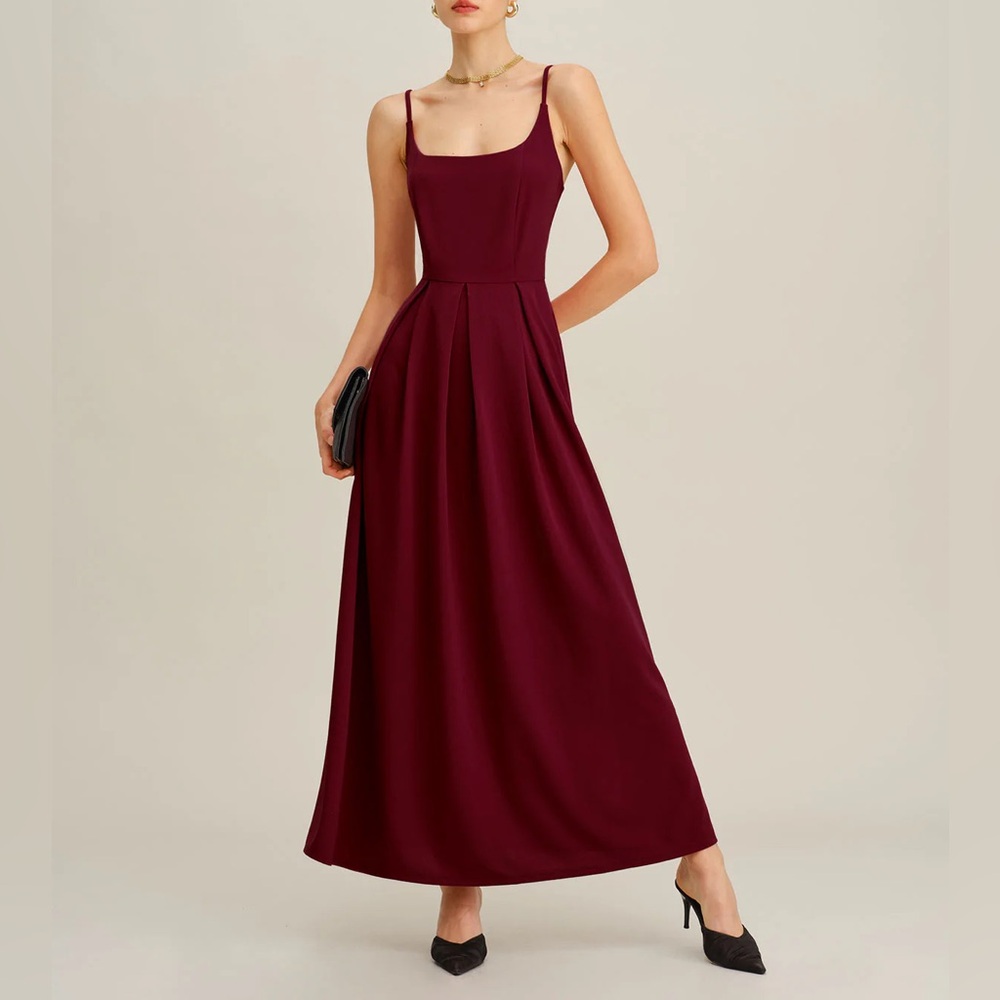 Rihoas Wine Red Pleated Slip Maxi Dress